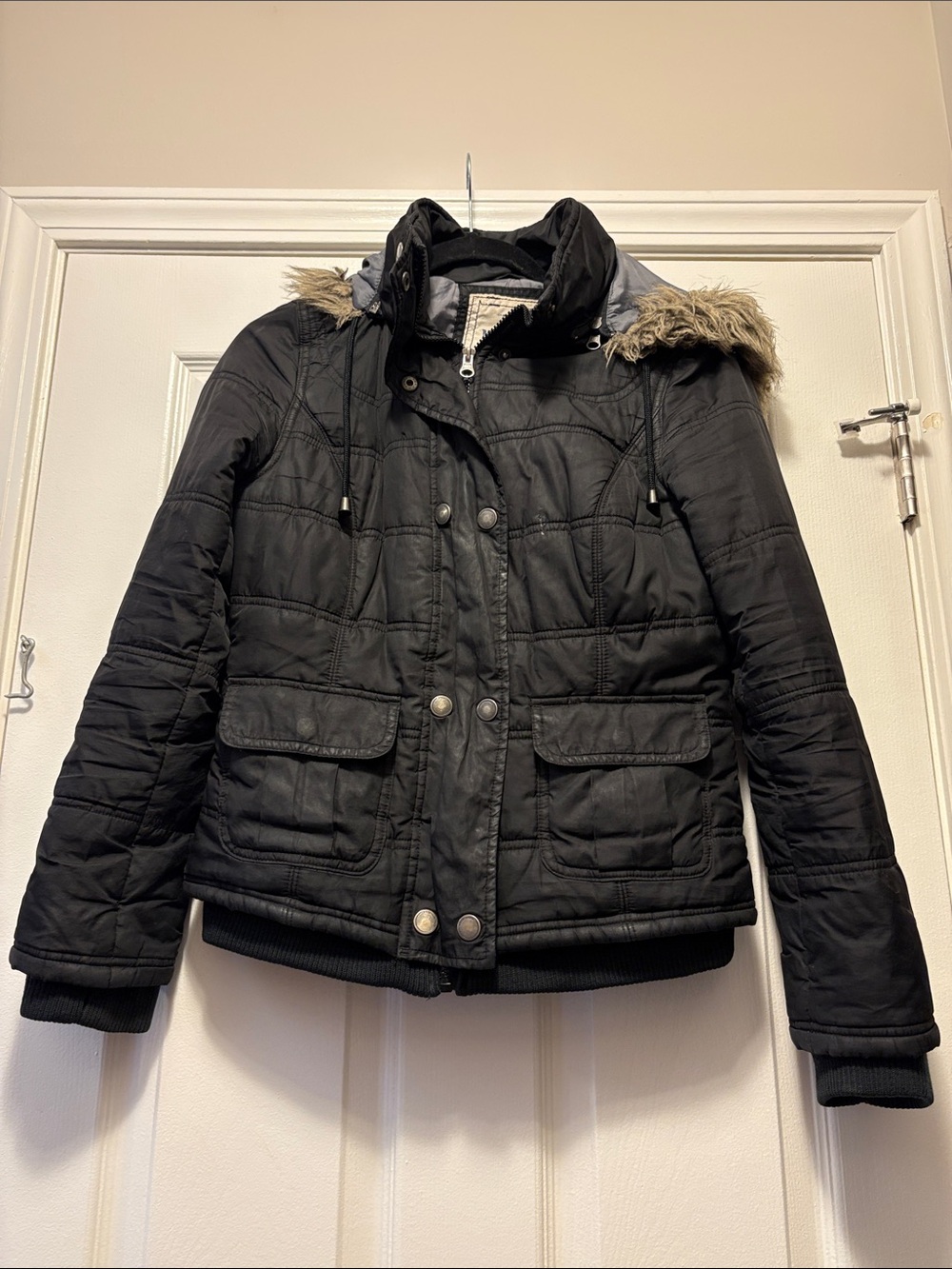 Black Young Adult Women's Quilted Hooded Jacket with Faux Fur Trim